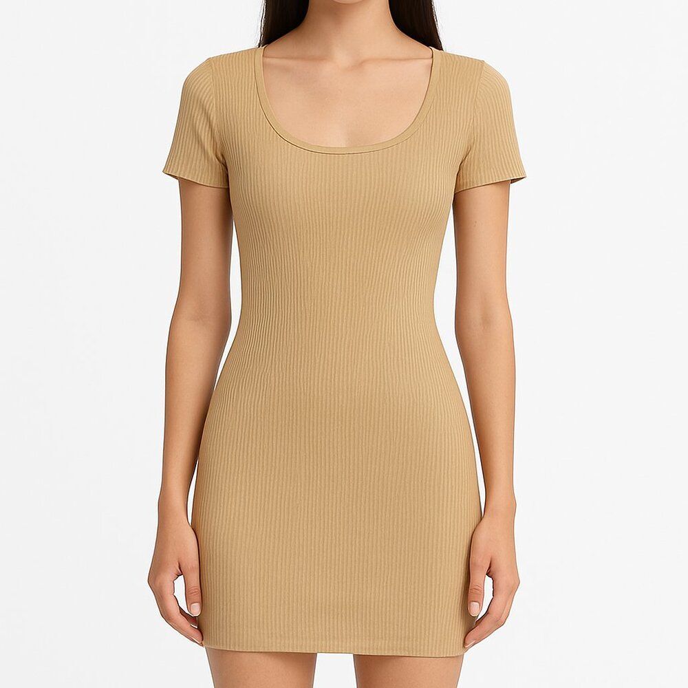 Ribbed Square Neck Bodycon Mini Dress | Short Sleeve Stretchy Summer Fit